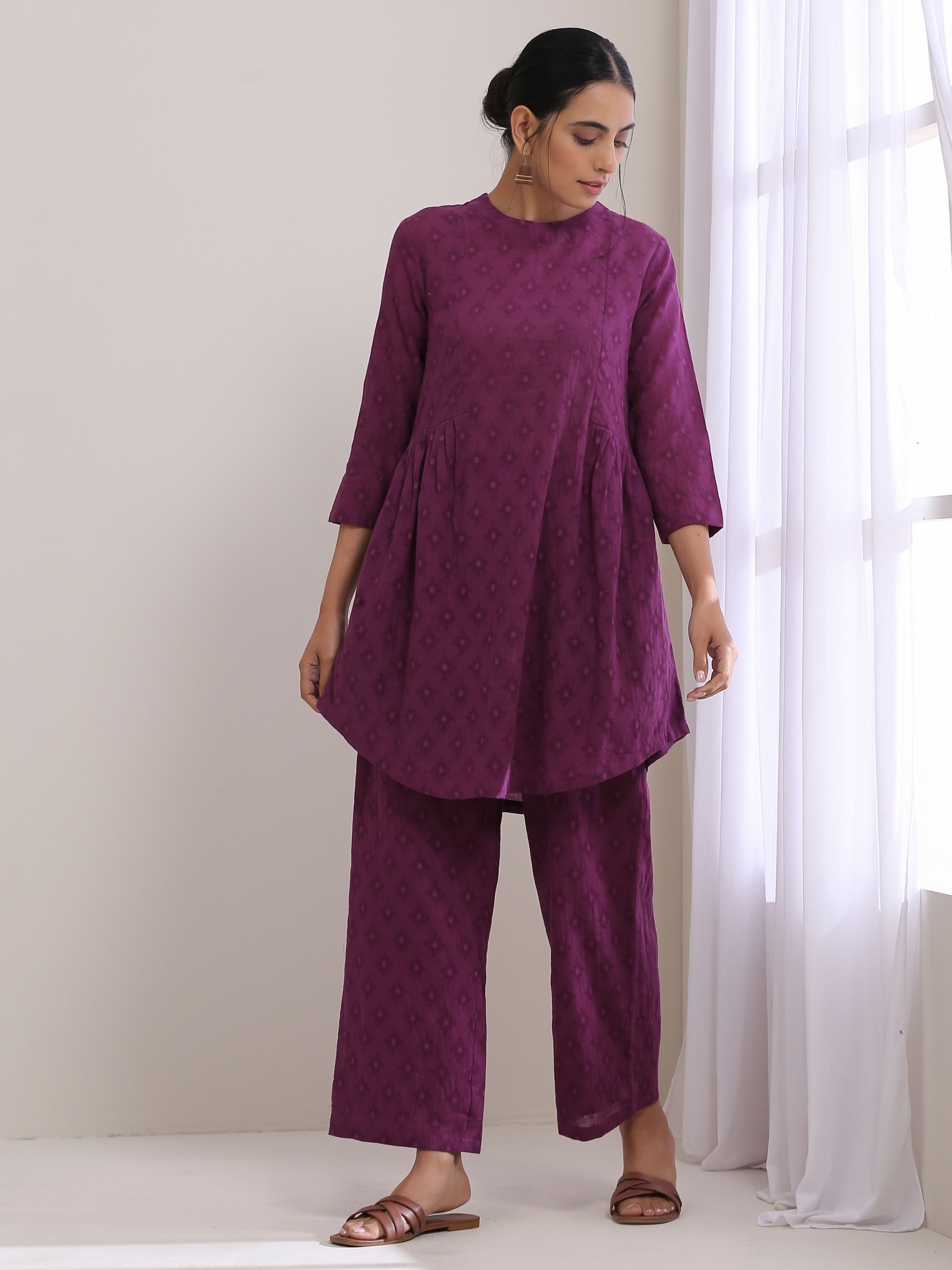trueBrowns Plum Purple Dobby Gathers Co-Ord Set
