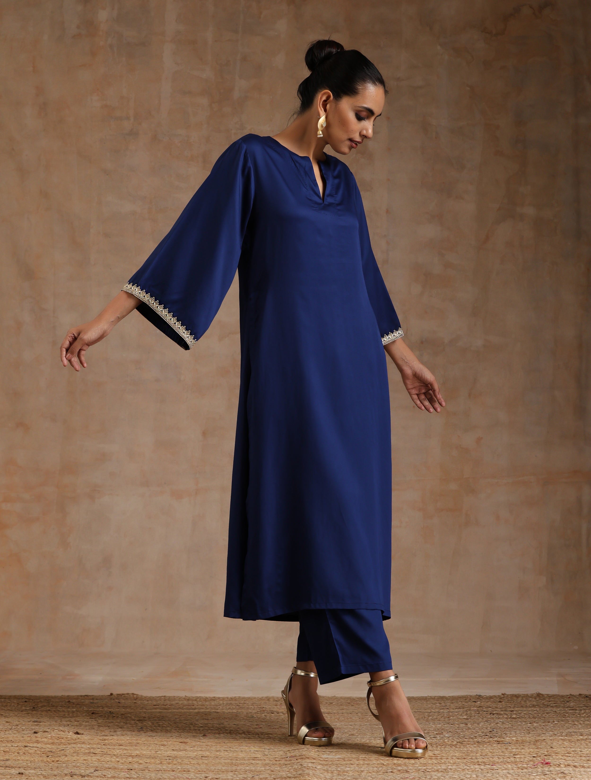 trueBrowns Midnight Blue Modal Satin Relax Kurta Set