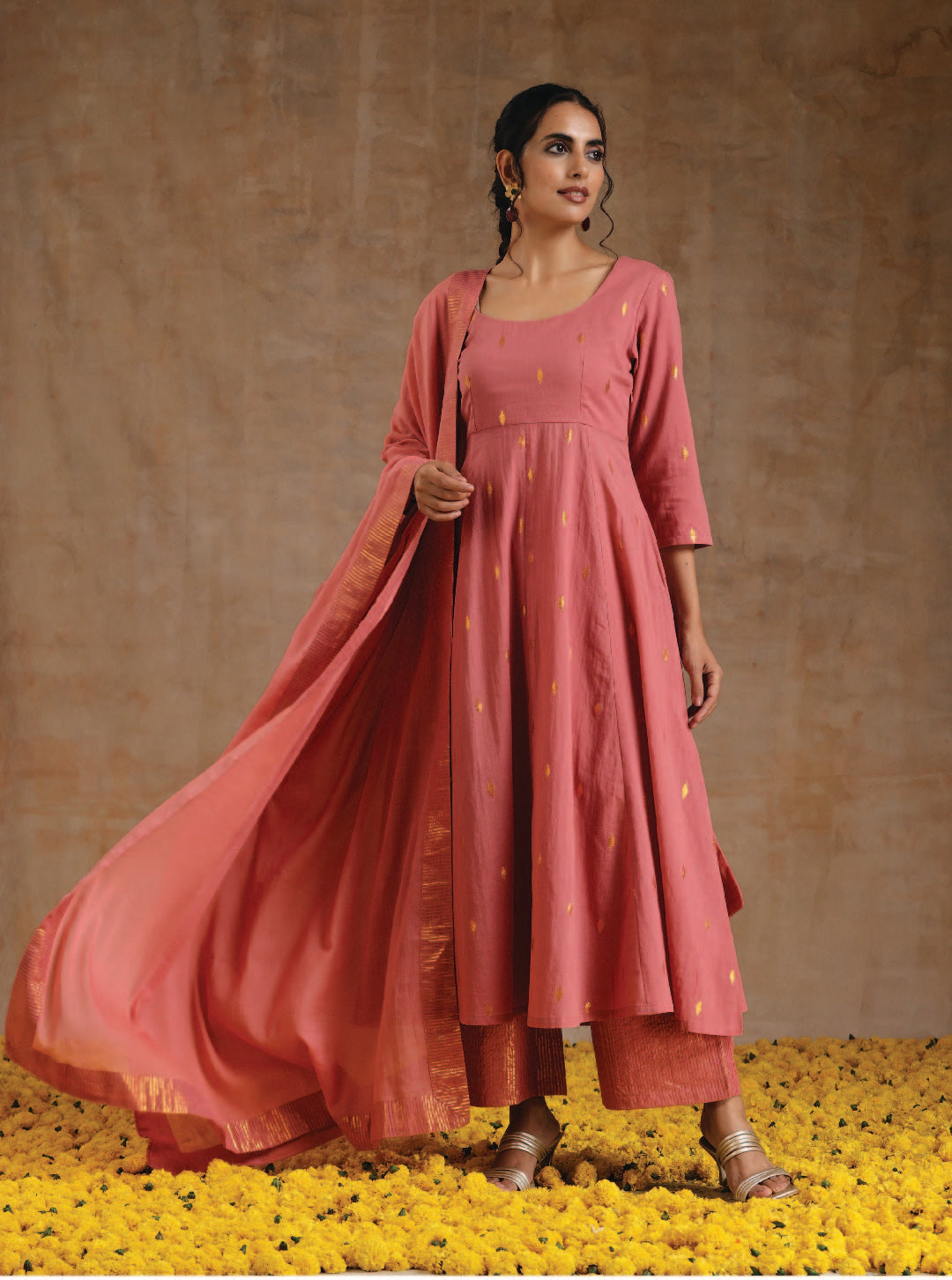 trueBrowns Blush Gold Cotton Anarkali Set