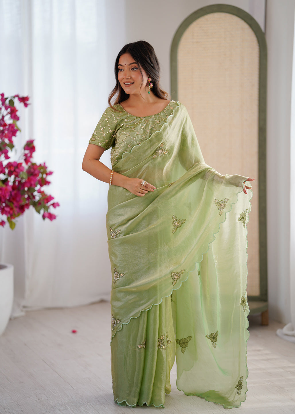 Evanik Designer Heavy Fendy Satin With Beads Embroidered Work Saree With Unstitched Blouse