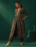 trueBrowns Grey Diamond Viscose Silk Front Slit Kurta Pant Set