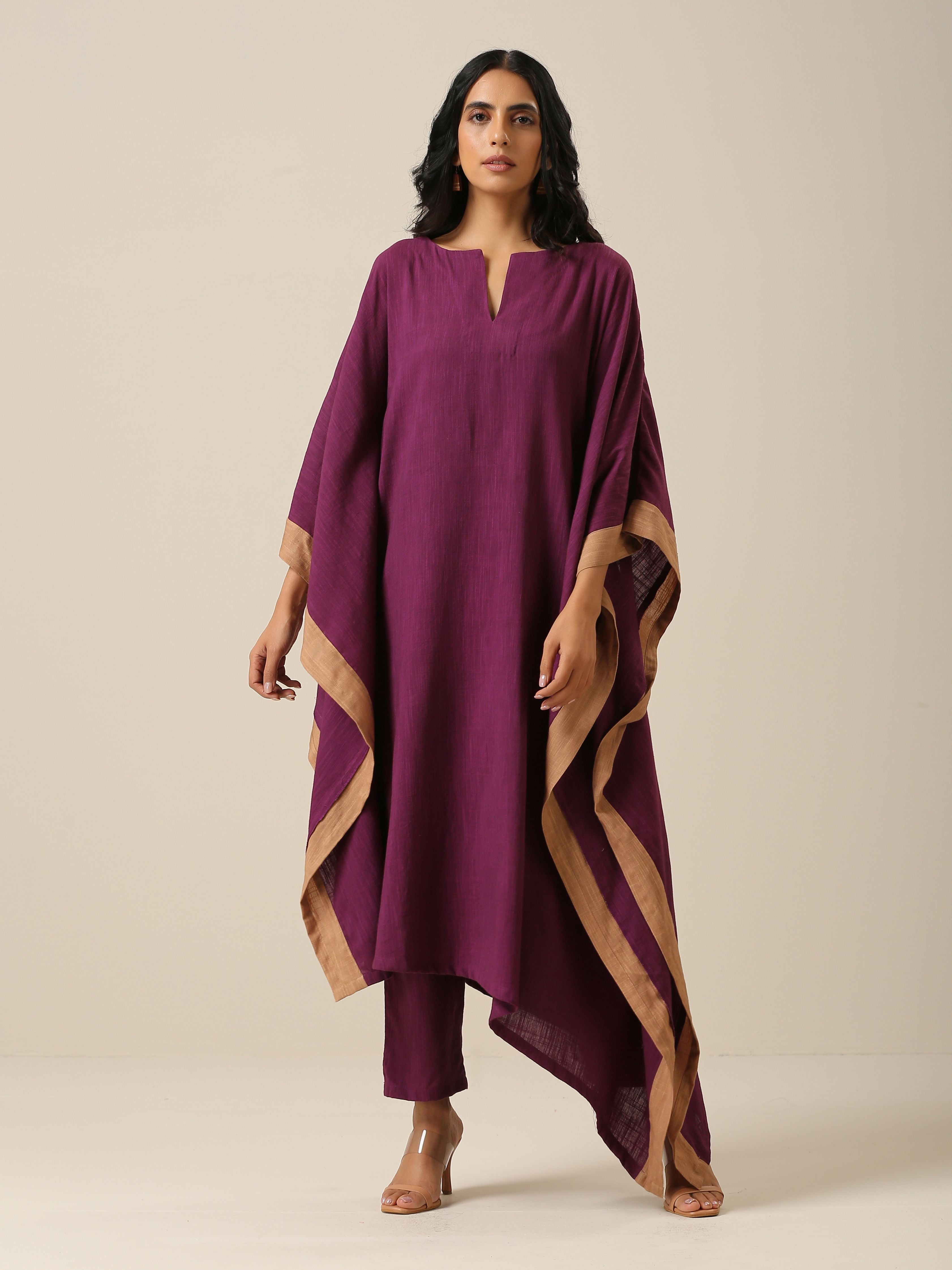 trueBrowns Plum Purple Slub Texture High Low Kaftan Pant Set