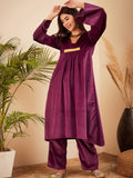 InWeave Women's Wine V Neck Asymmetrical Pleated Velvet Kurta Set