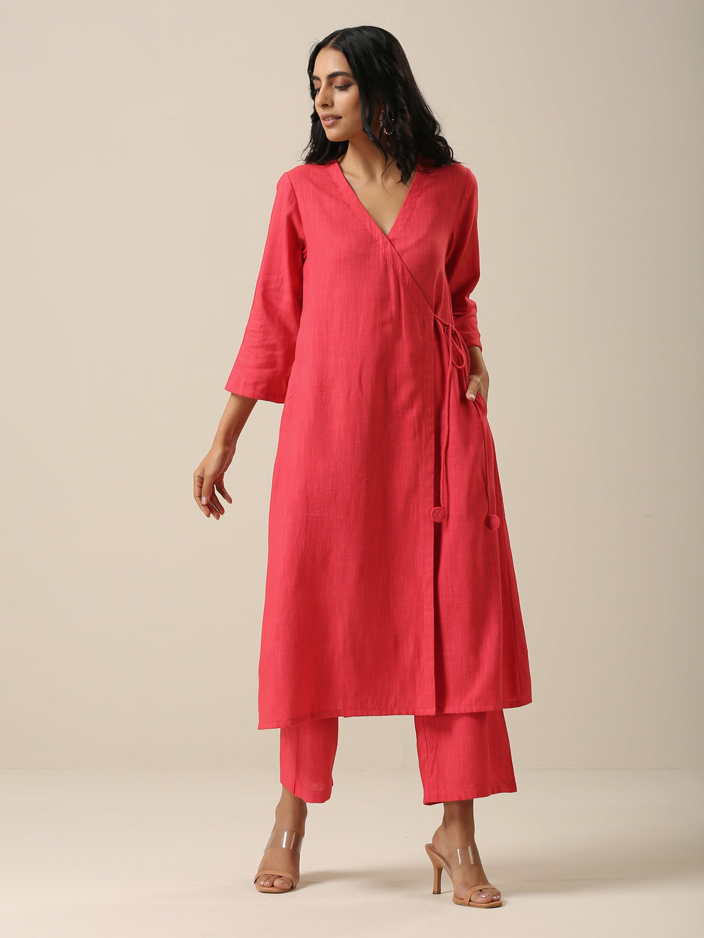 trueBrowns Bright Pink Slub Texture Angrakha Pant Set
