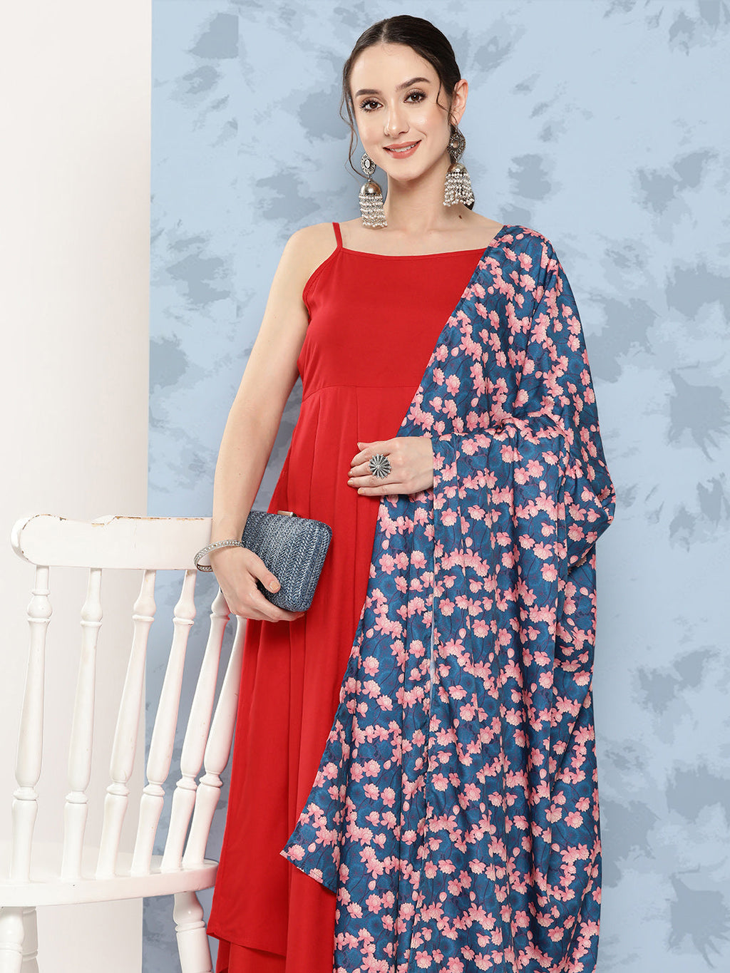 InWeave Women's Red Strappy Set W Navy Pink Lotus Cr Duptta