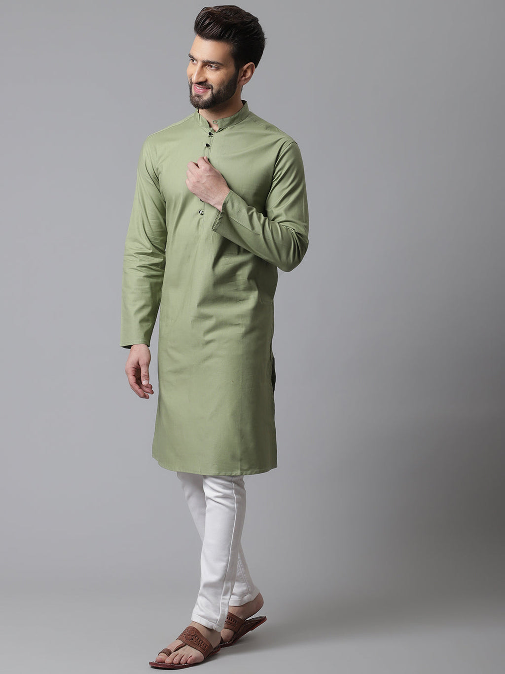 Even Apparels Green Pure Cotton Kurta With Band Collar