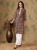InWeave Women's Black Maroon Print Lace Gota Work Straight Kurta