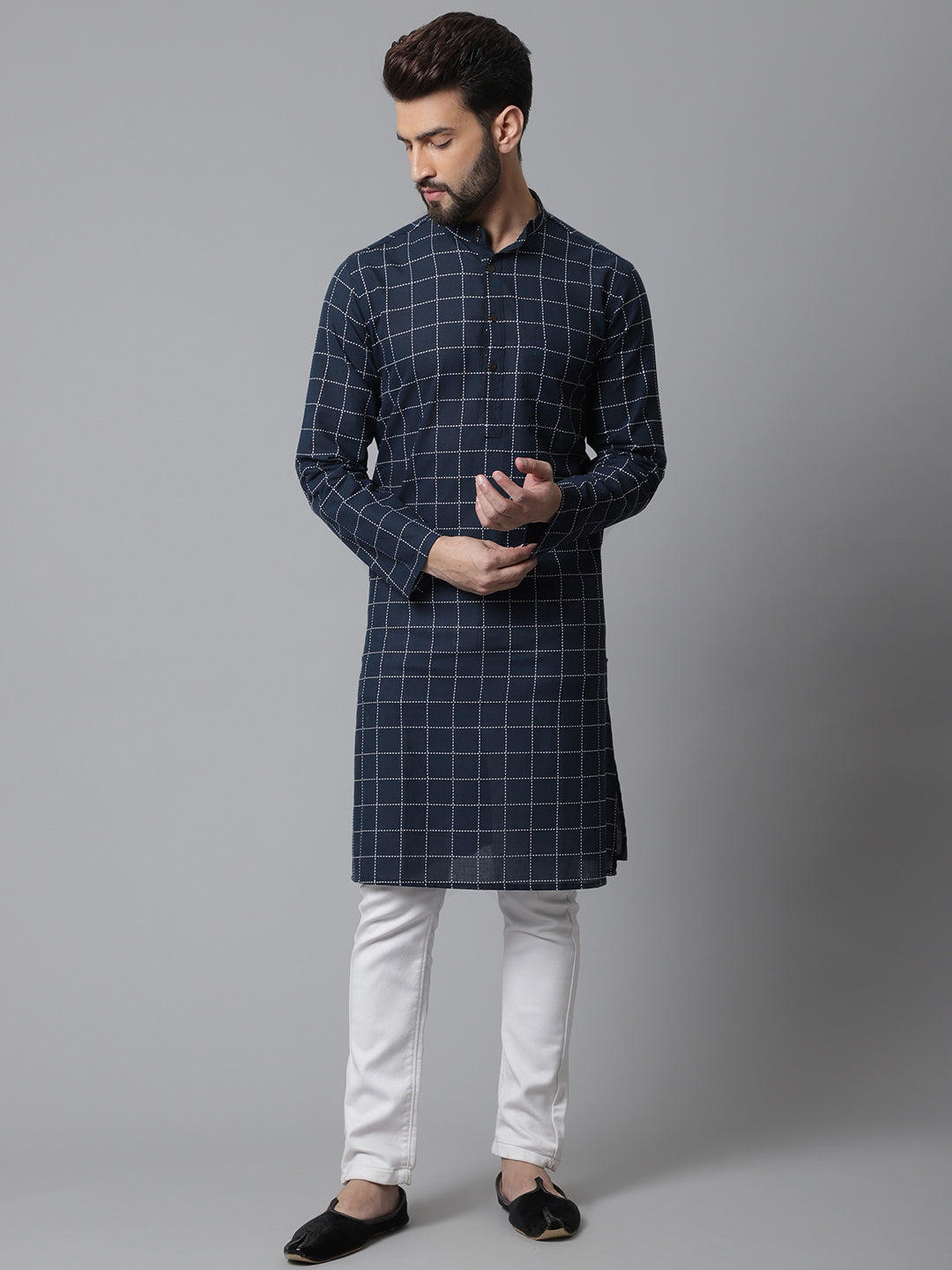 Even Apparels Blue Solid Kurta With Band Collar
