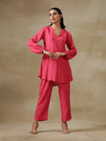 trueBrowns Pink Bandhani Printed Silk Gathered Sleeve Co-Ord Set