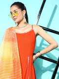 InWeave Women's Orange Red Gota Strappy Set With Orange Leh Dupatta