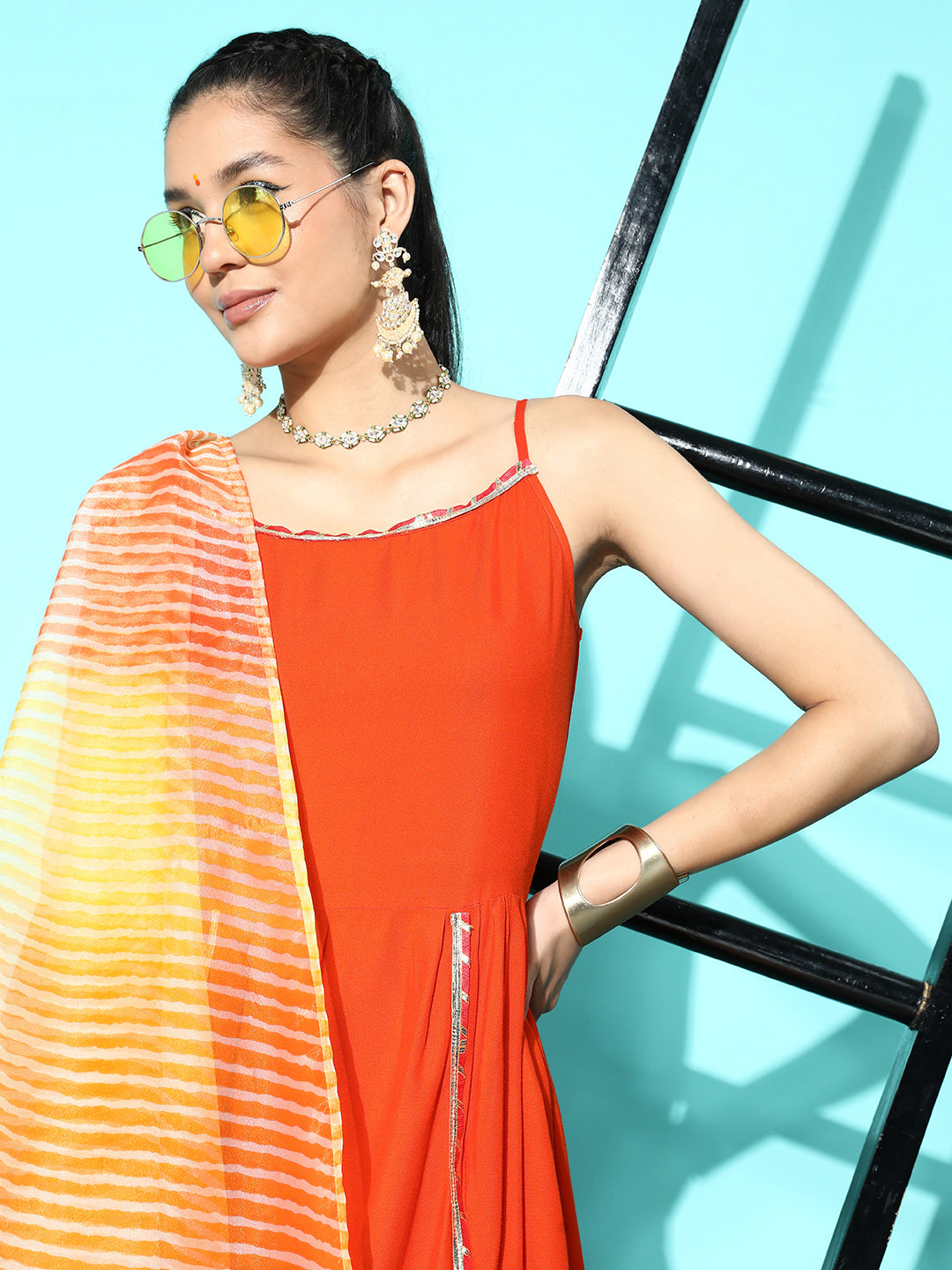 InWeave Women's Orange Red Gota Strappy Set With Orange Leh Dupatta