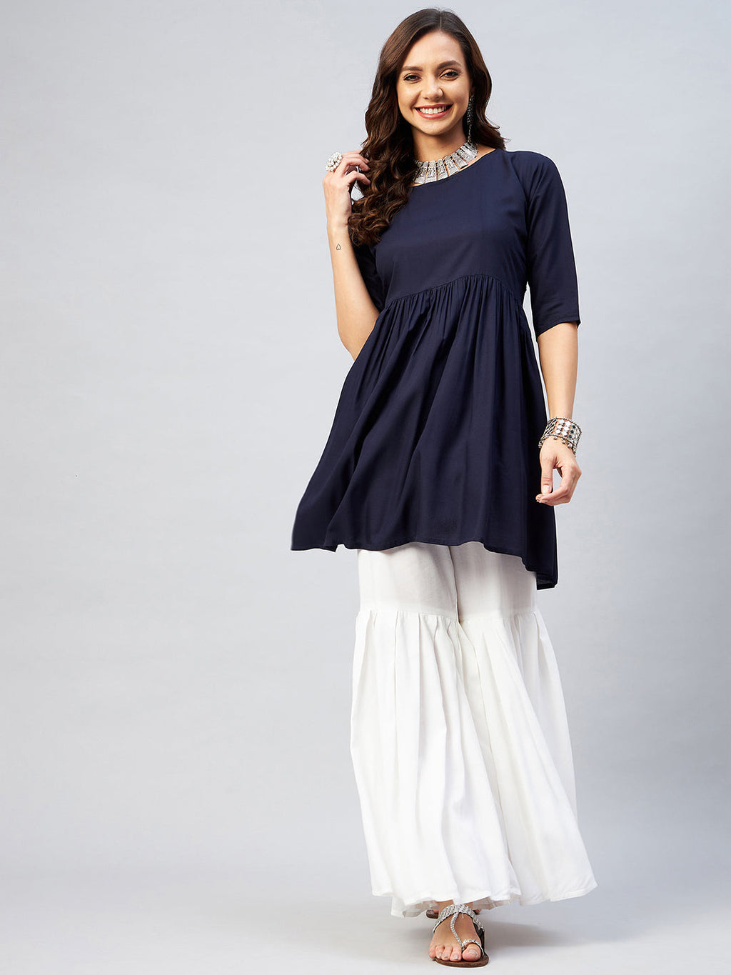 InWeave Women's Navy Blue Short Anarkali Kurta