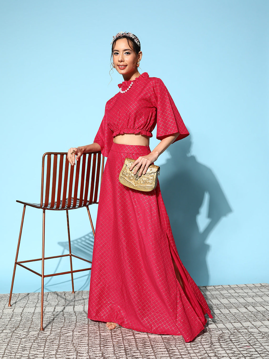 InWeave Women's Candy Red Gold Crop Top With Side Slit Skirt