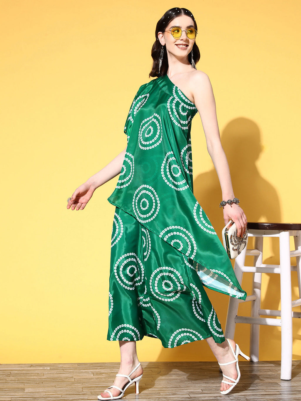 InWeave Women's Green Bandhani Motif One Shoulder Palazzo Set