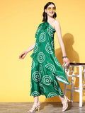 InWeave Women's Green Bandhani Motif One Shoulder Palazzo Set