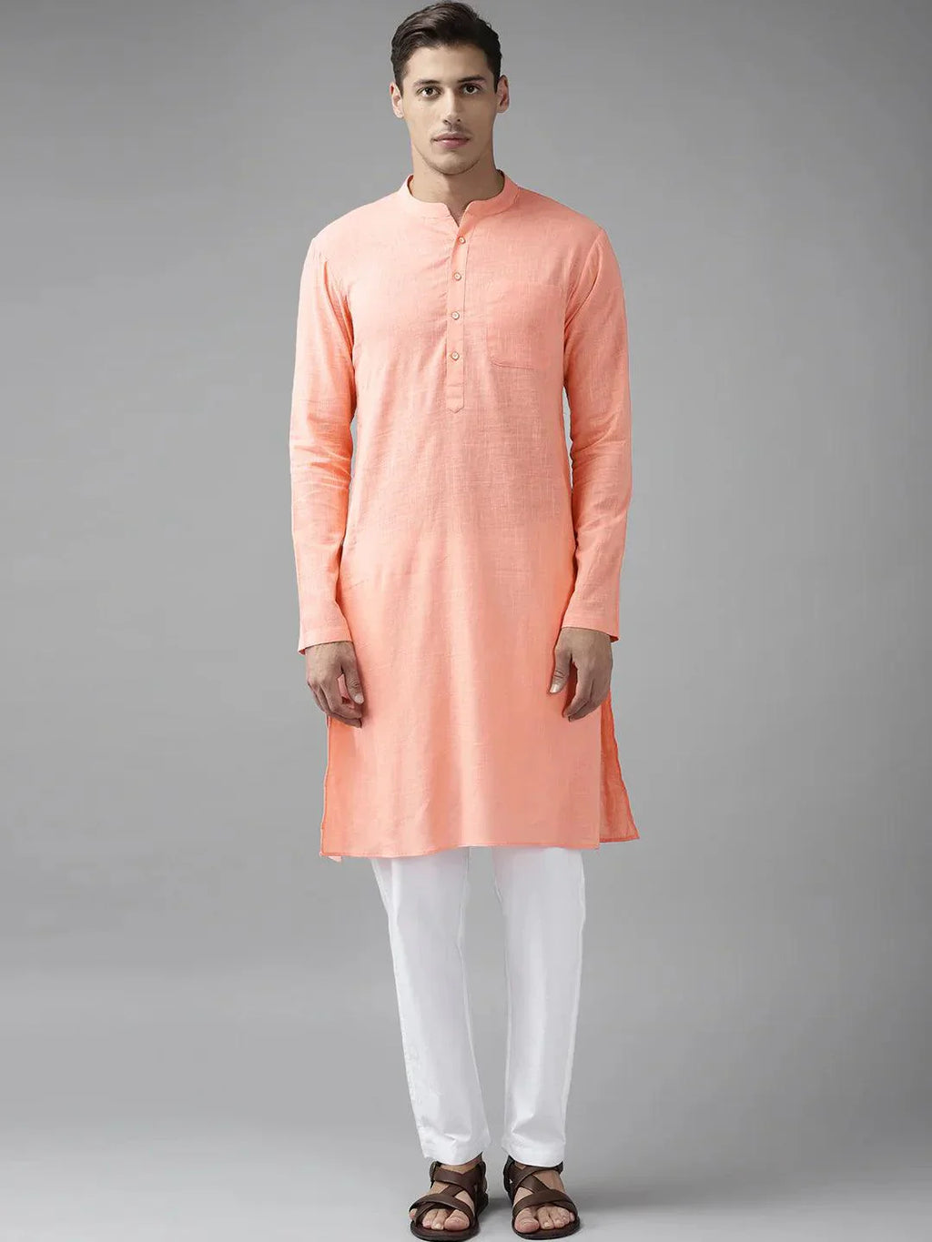 Fabmade Men Peach Cotton Linen Kurta Pyjama