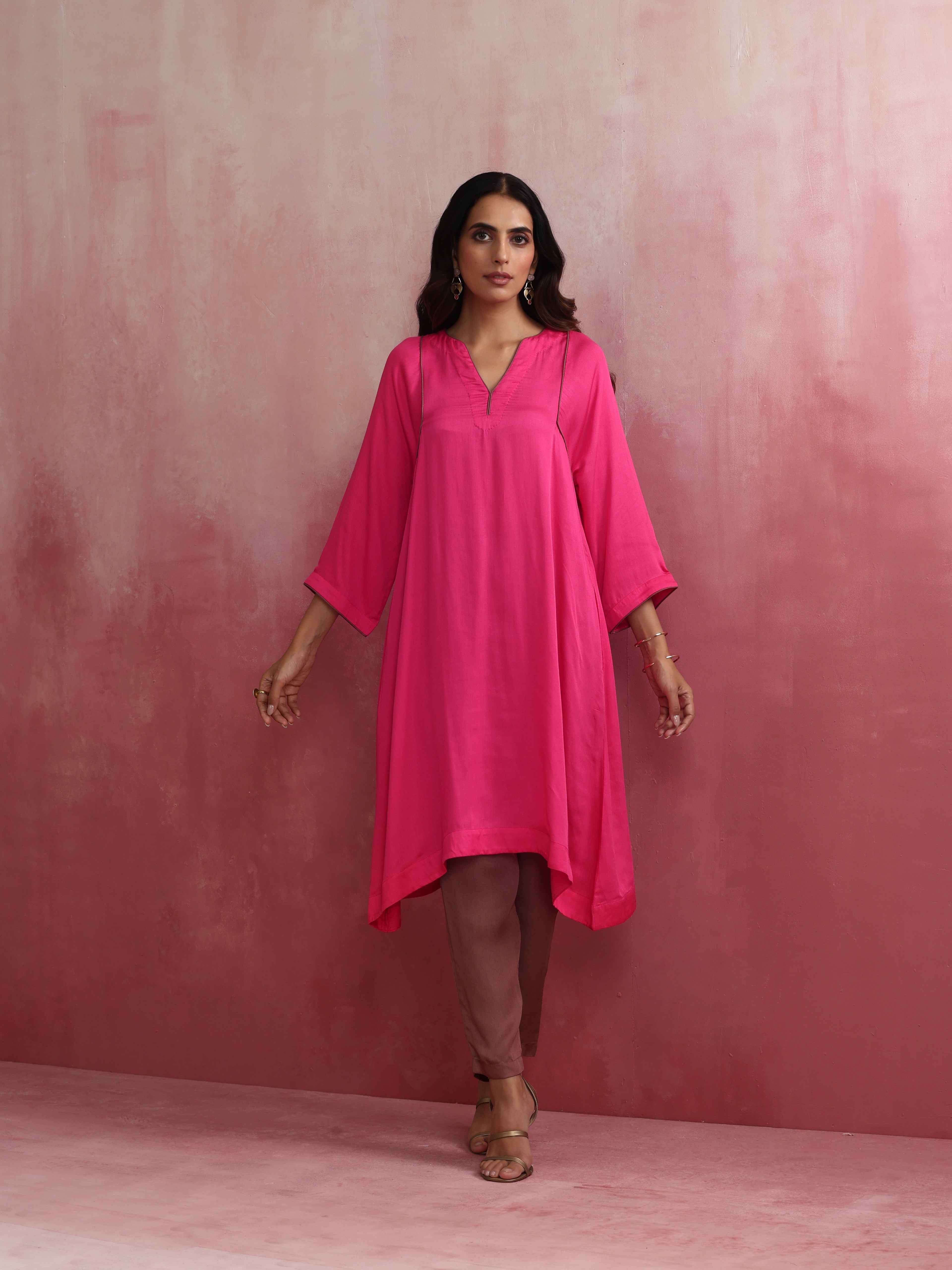 trueBrowns Pink Modal Kimono Kurta Set