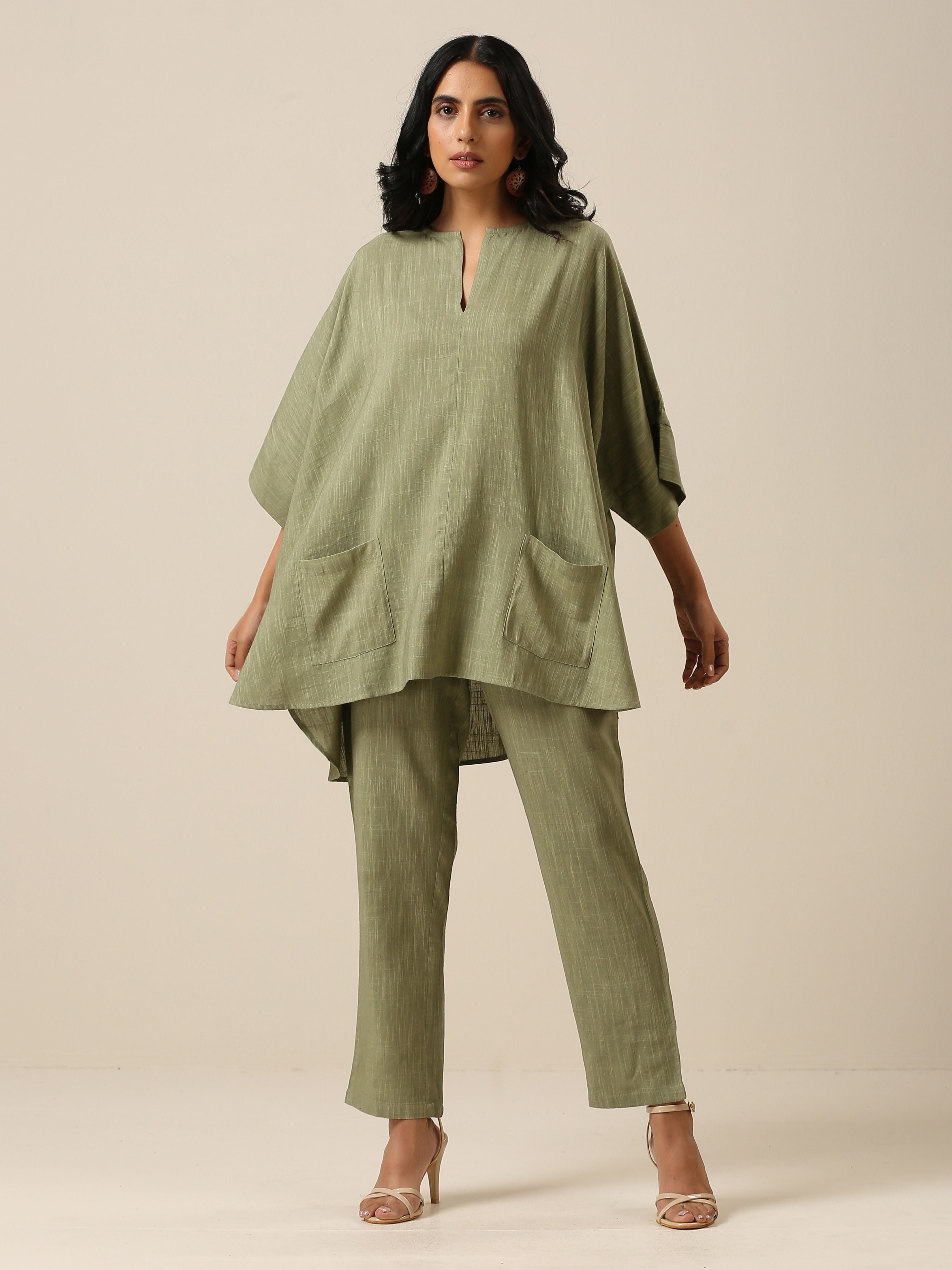 trueBrowns Sage Slub Texture Boxy Fit High Low Co-Ord Set