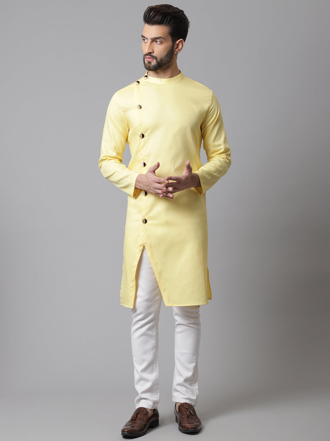 Even Apparels Yellow Sherwani Kurta With Asymetrical Cut