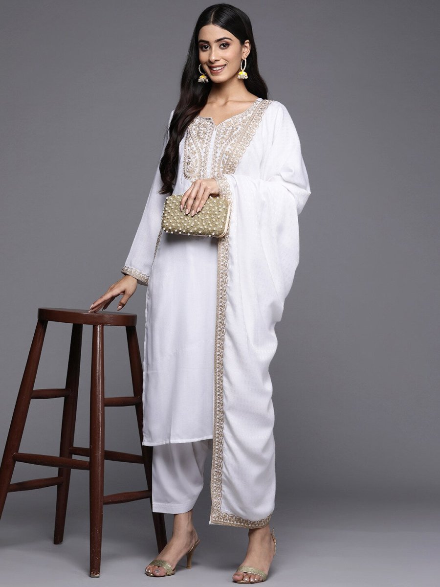 Ahalyaa Women White Ethnic Motifs Embroidered Aari Work Pashmina Kurta with Salwar & With Dupatta
