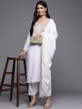 Ahalyaa Women White Ethnic Motifs Embroidered Aari Work Pashmina Kurta with Salwar & With Dupatta