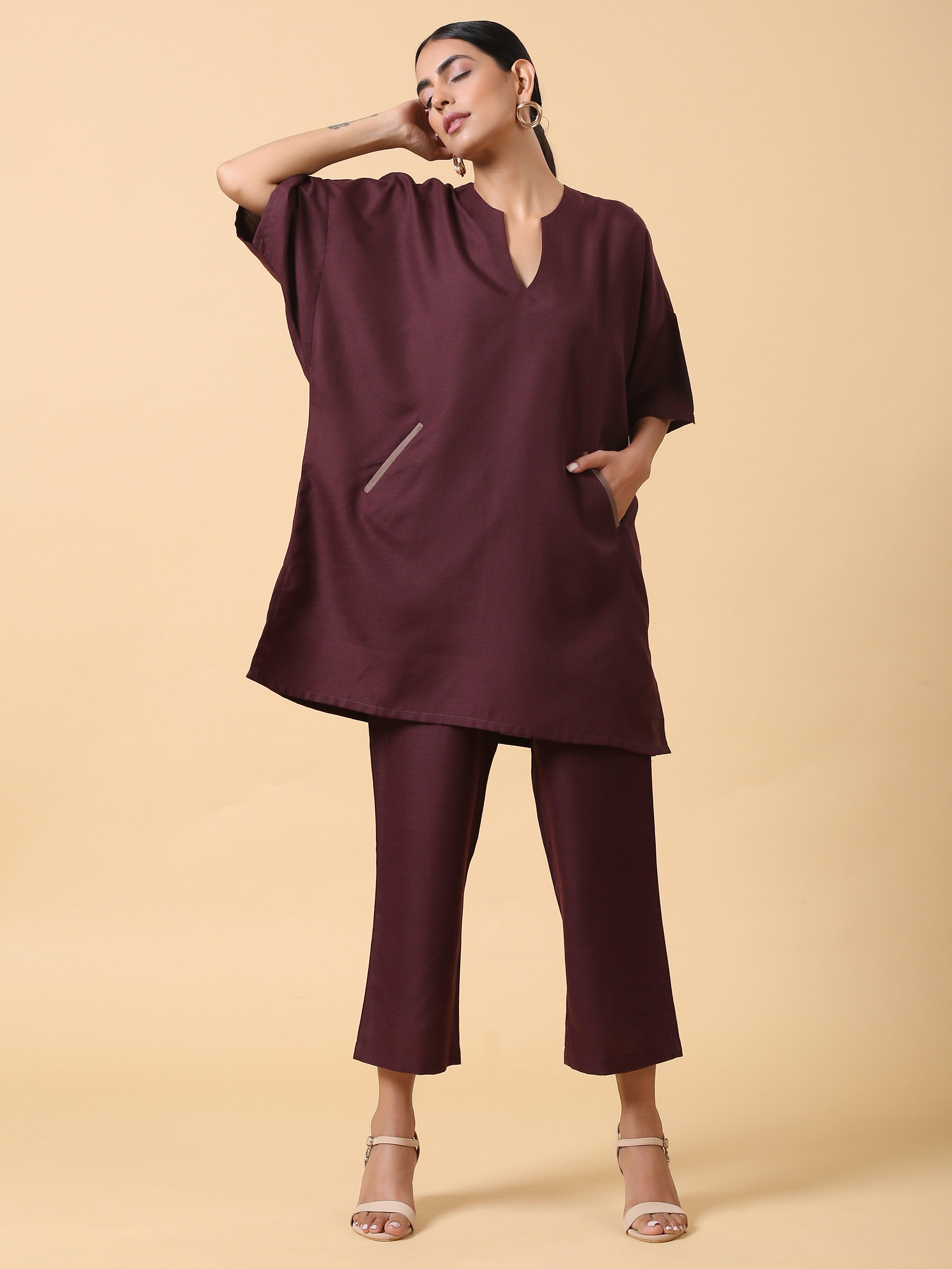 trueBrowns Cotton Linen Purple Boxy Fit Co-Ord Set