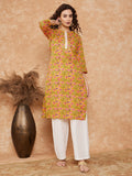 InWeave Women's Mustard Green Lace Gota Work Straight Kurta