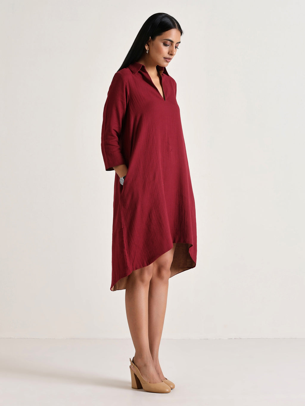 trueBrowns Maroon Short Collared Dress