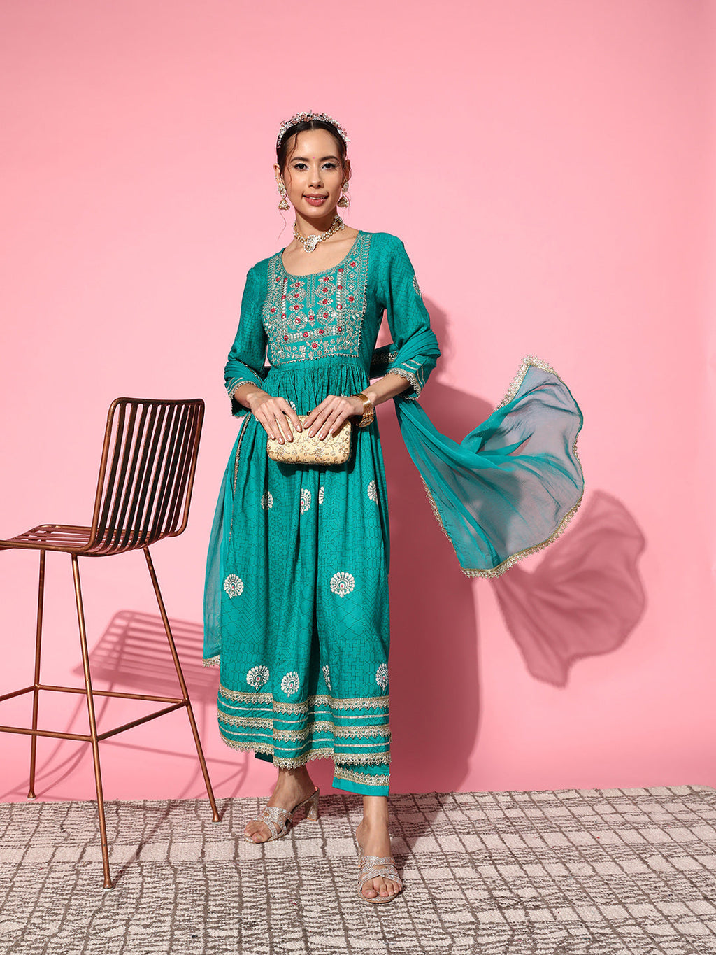 InWeave Women's Teal Nyra Cut Embroidered Kurta Set With Dupatta
