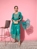 InWeave Women's Teal Nyra Cut Embroidered Kurta Set With Dupatta