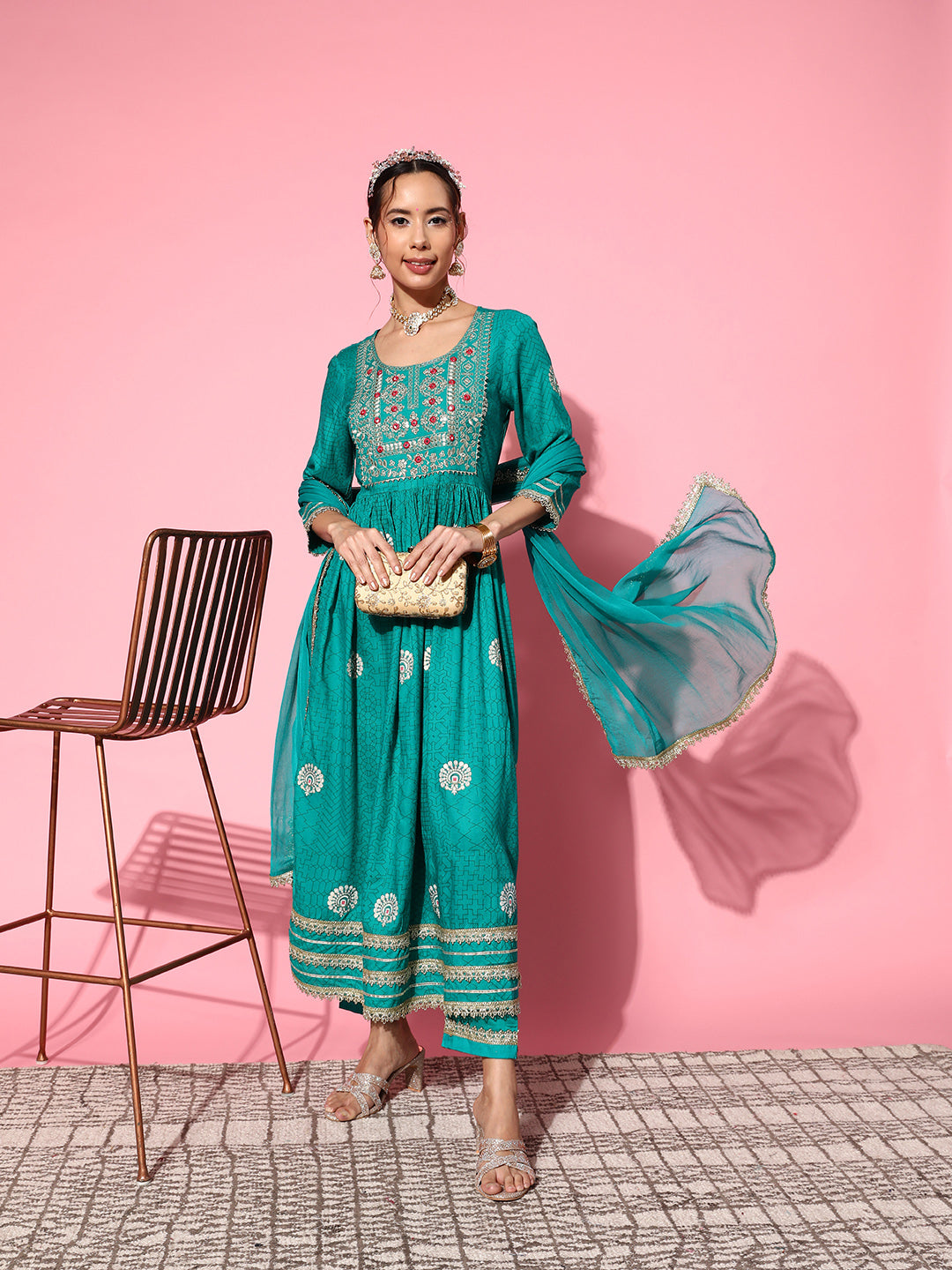 InWeave Women's Teal Nyra Cut Embroidered Kurta Set With Dupatta