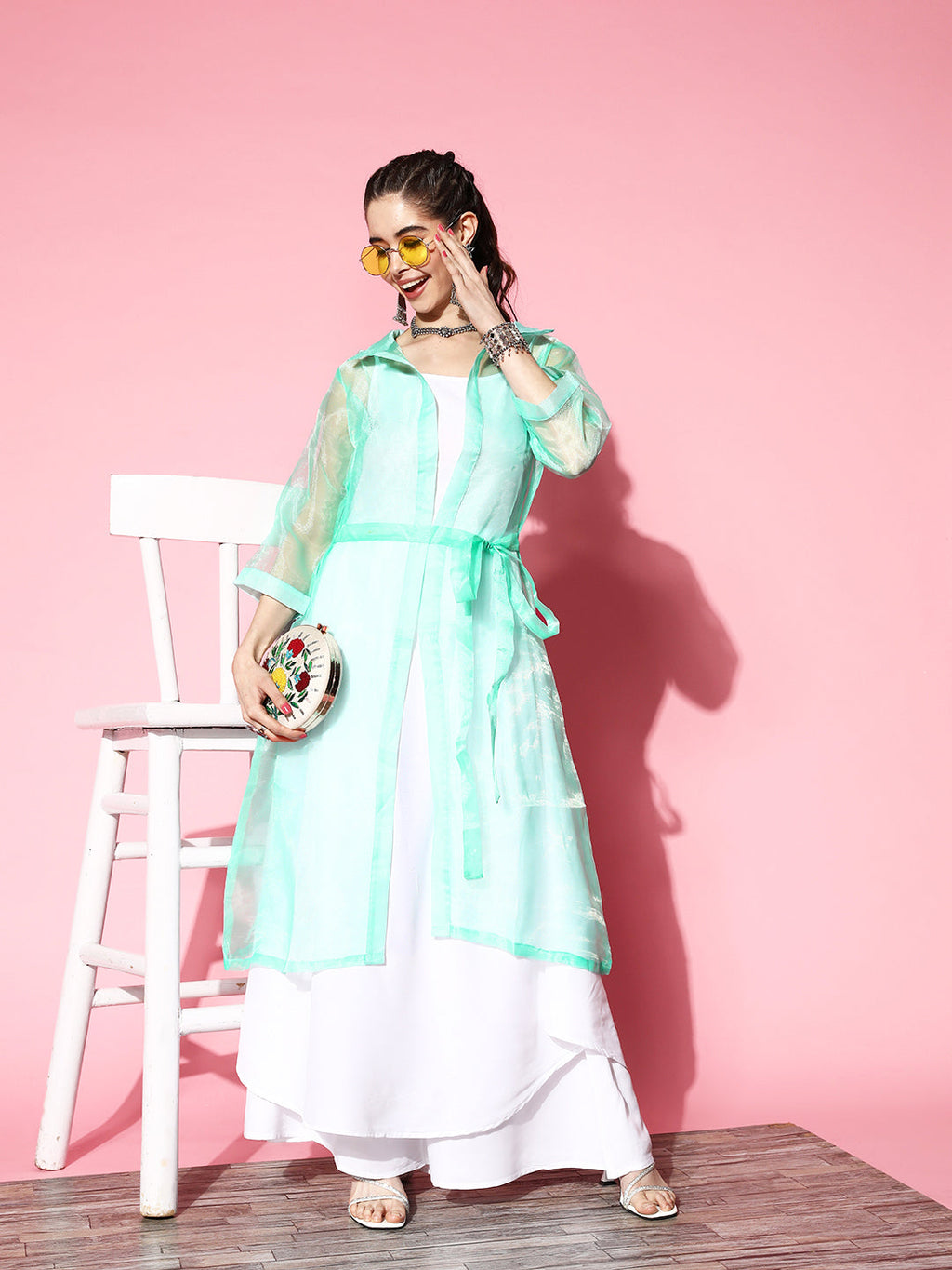 InWeave Women's Cream Strappy Kurta Set With Teal Organza Cape