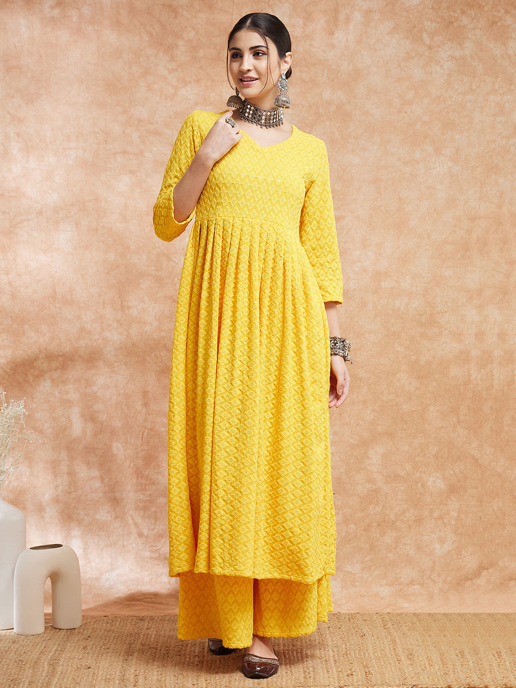 InWeave Women's Butter Yellow Chikankari Long Anarkali Kurta Sharara Set