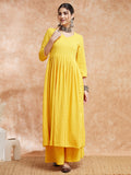 InWeave Women's Butter Yellow Chikankari Long Anarkali Kurta Sharara Set