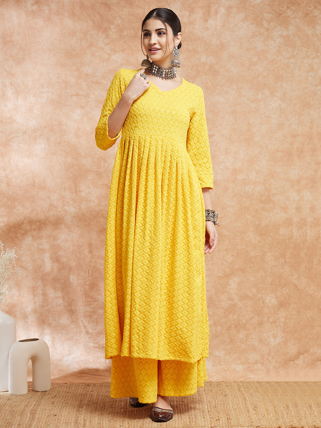 InWeave Women's Butter Yellow Chikankari Long Anarkali Kurta Sharara Set