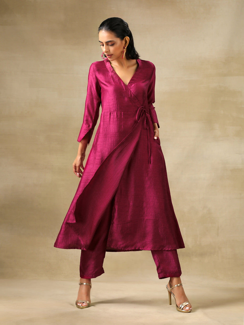 trueBrowns Purple Textured Silk Angrakha Kurta Pant Set