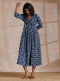 trueBrowns Indigo Dabu Overall Print Cotton Wrap Dress