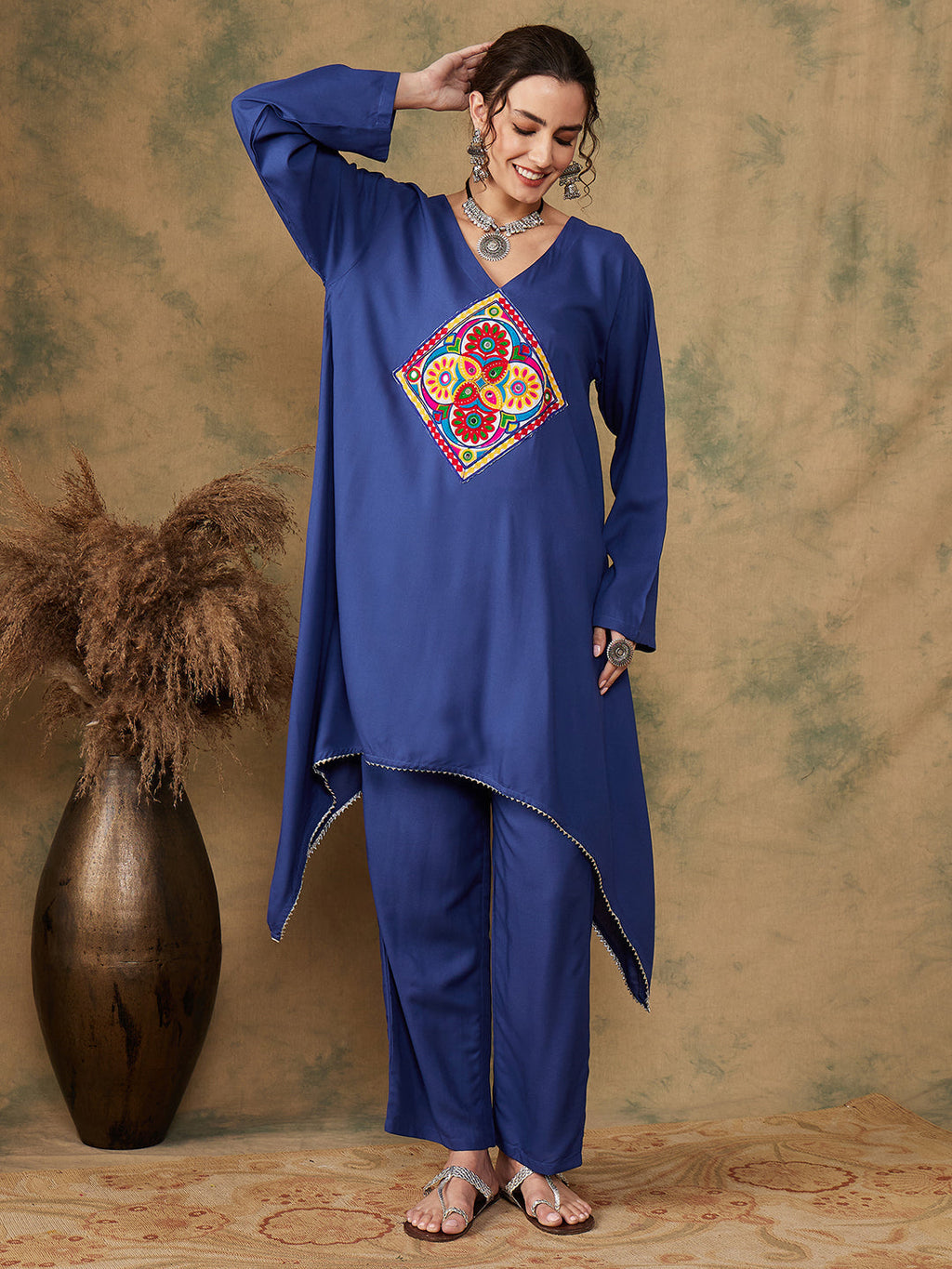 InWeave Women's Ink Blue Square Yellow Patch Work Assymentrical Kurta Set