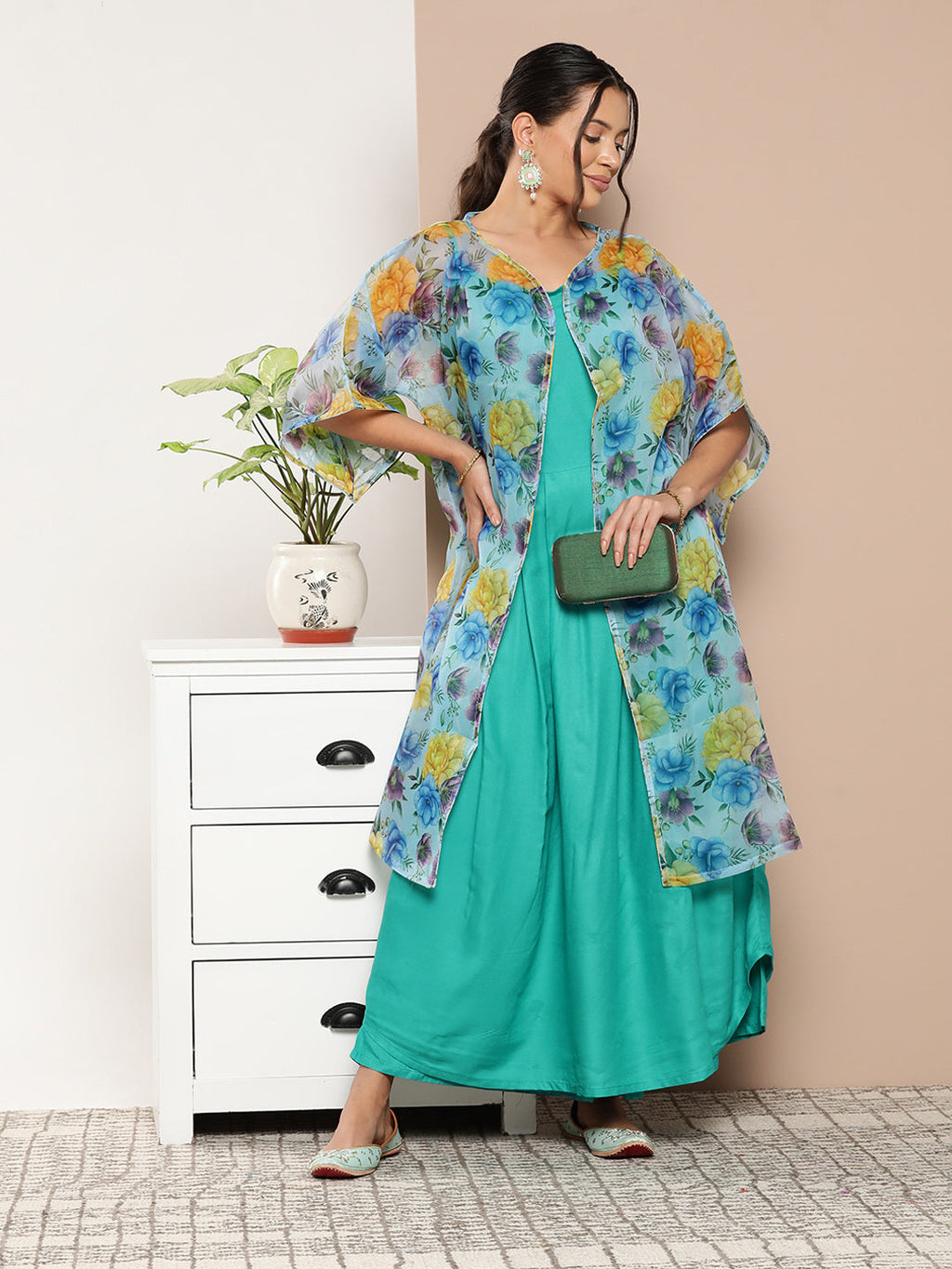 InWeave Women's Teal Blue Strappy Set With Blue Yellow Floral Cape