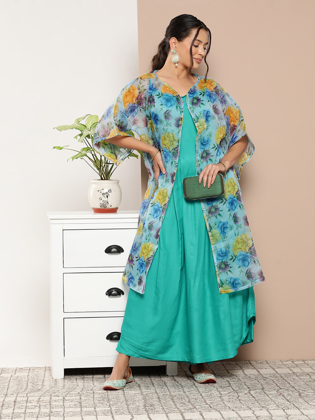InWeave Women's Teal Blue Strappy Set With Blue Yellow Floral Cape
