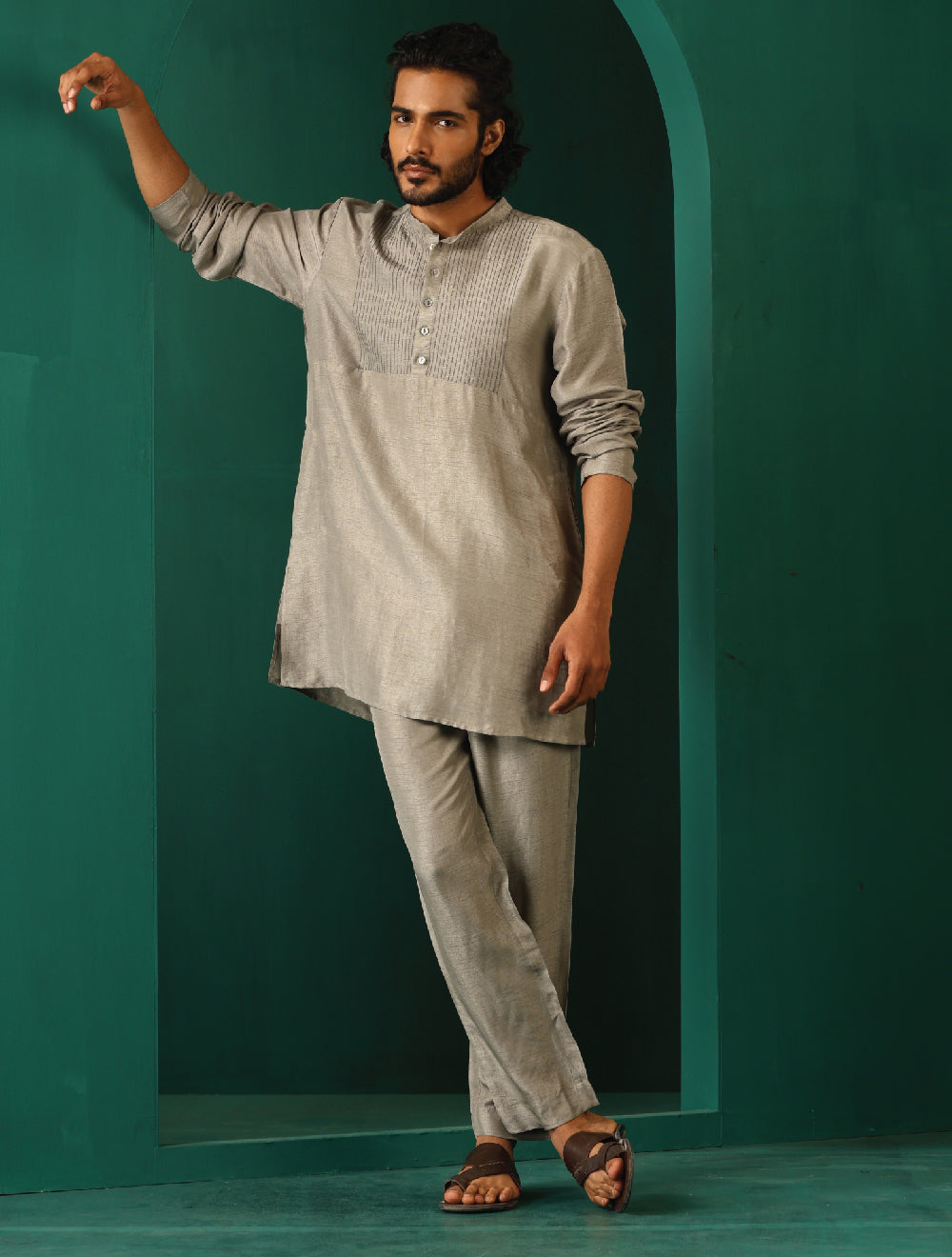 trueBrowns Men's Grey Silk Co-ord Set Yoke Detail