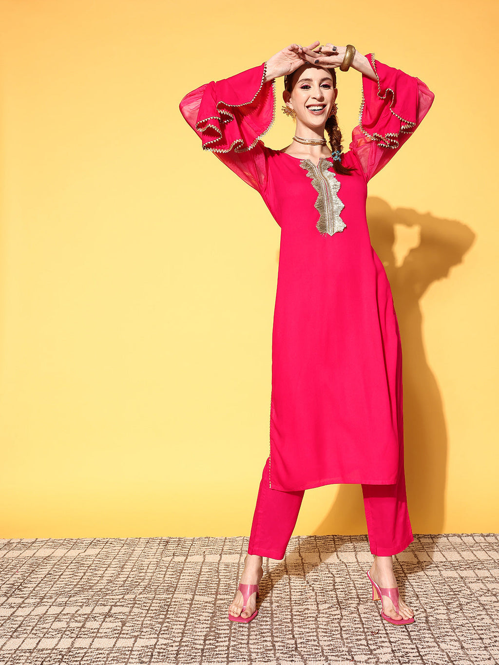 InWeave Women's Fuschia Organza Sleeve Gota Work Kurta Set