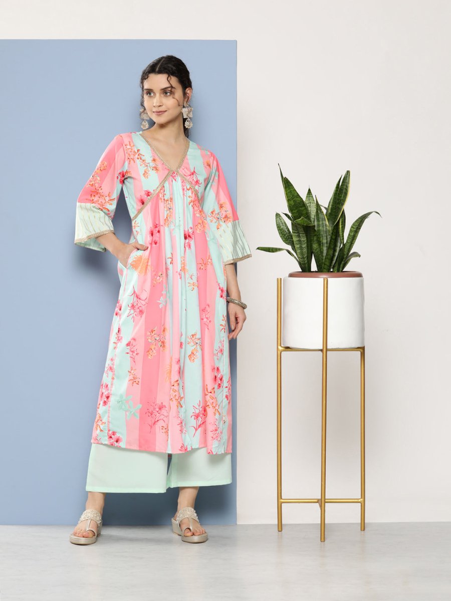 Ahalyaa Women Floral Printed Pleated Gotta Patti Kurta With Palazzos