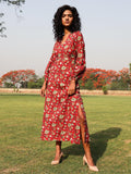 trueBrowns Red Cotton Block Print Backless Dress