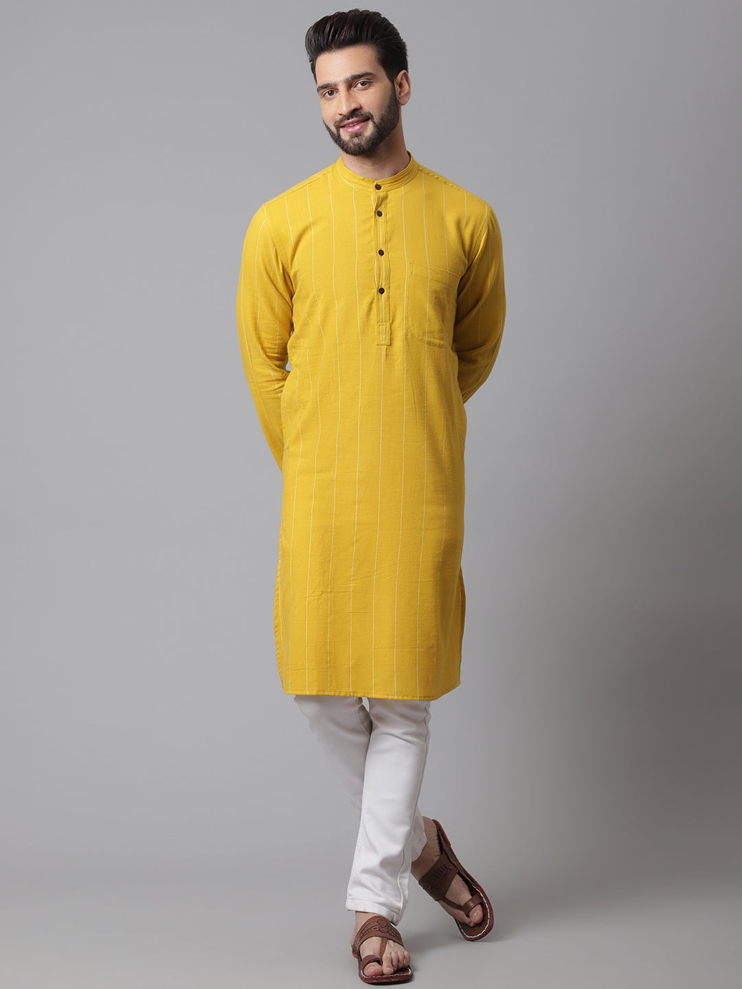 Even Apparels Yellow Pure Cotton Kurta With Band Collar