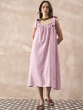 InWeave Dull Pink Linen Round Pleat Bow Dress