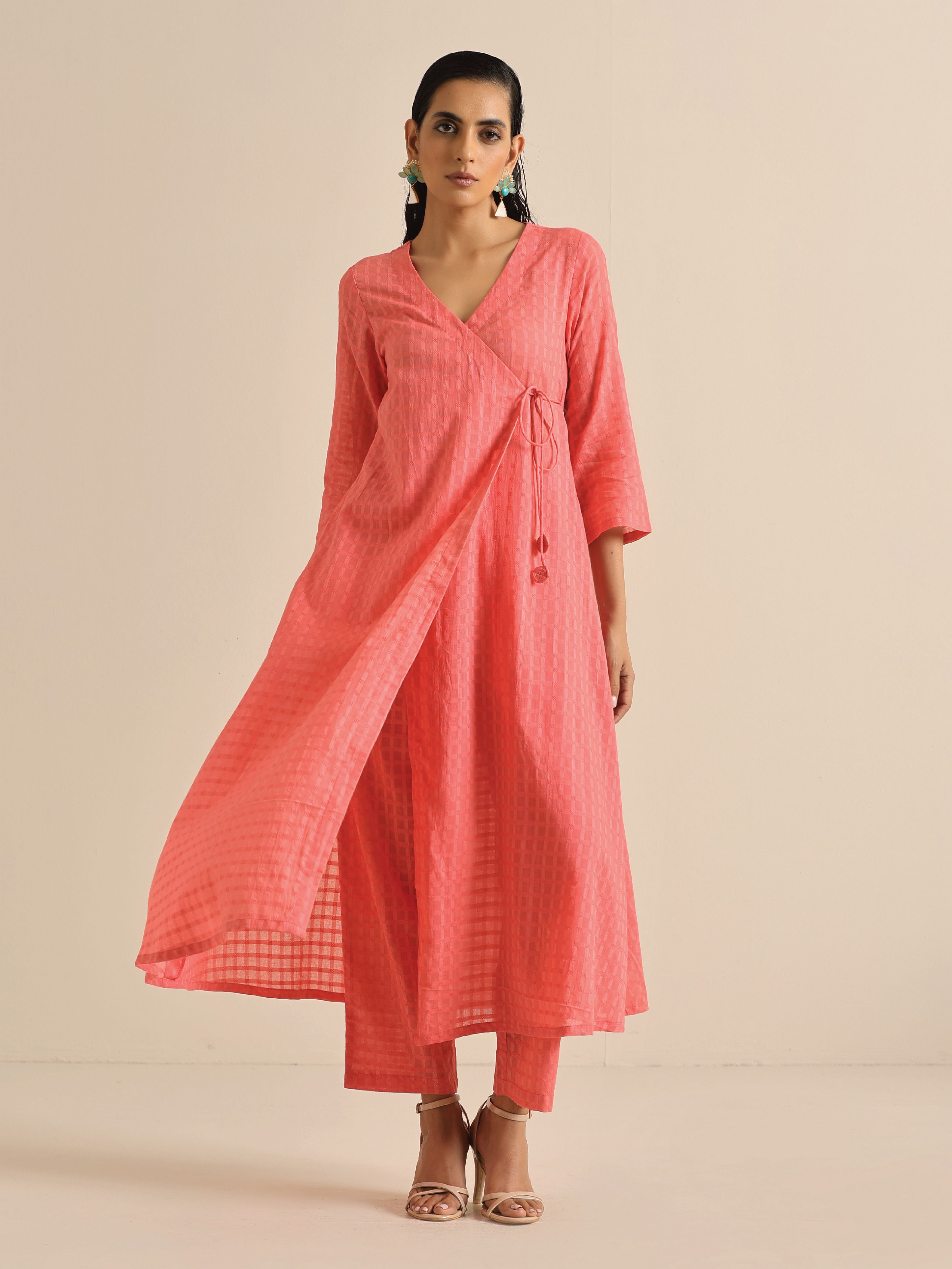 trueBrowns Bright Pink Dobby Angrakha Kurta Pant Set