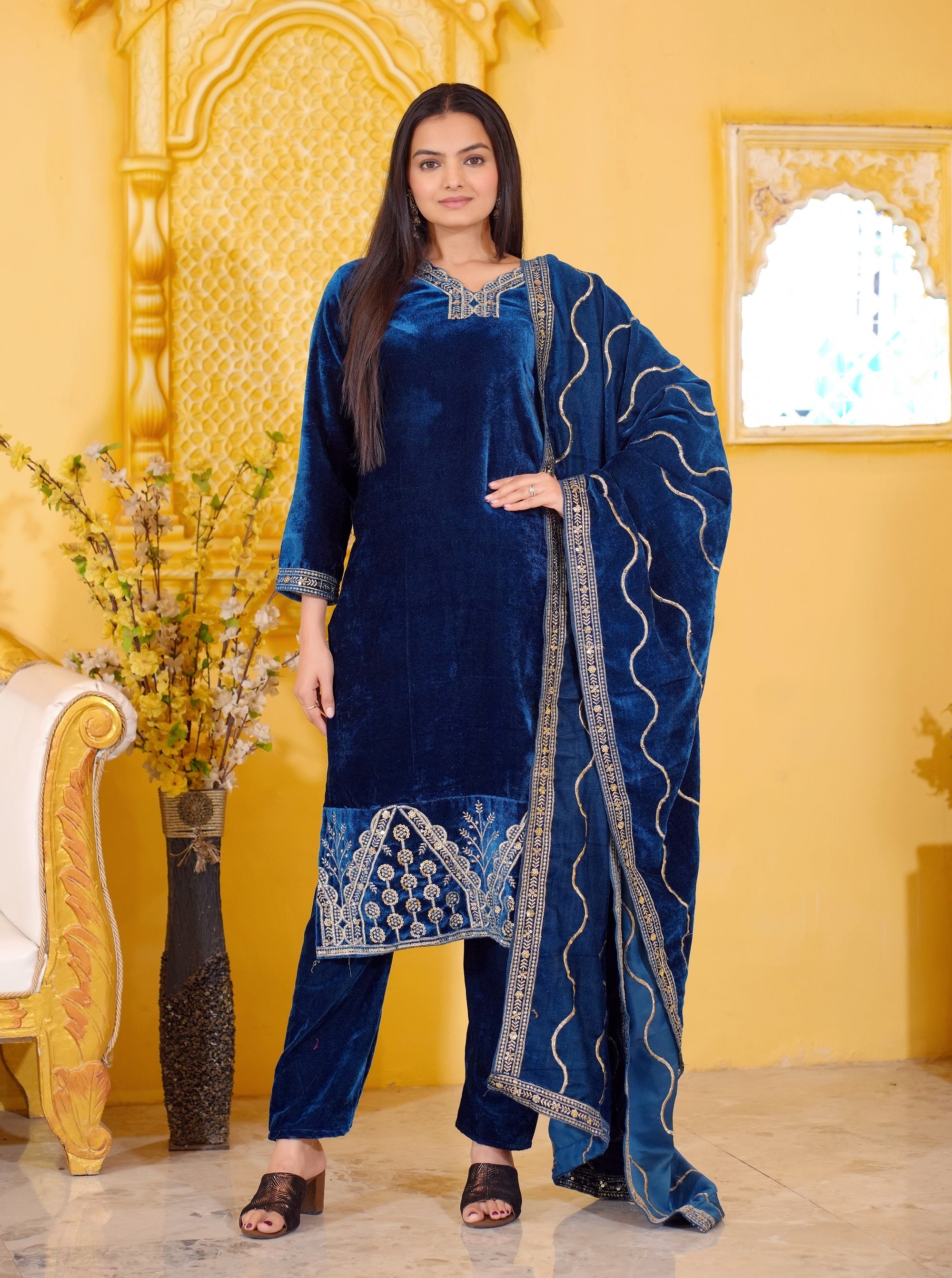 Teeya Creation Blue Color Velvet Heavy Embroidery Work Fully Stitched Salwar Suit