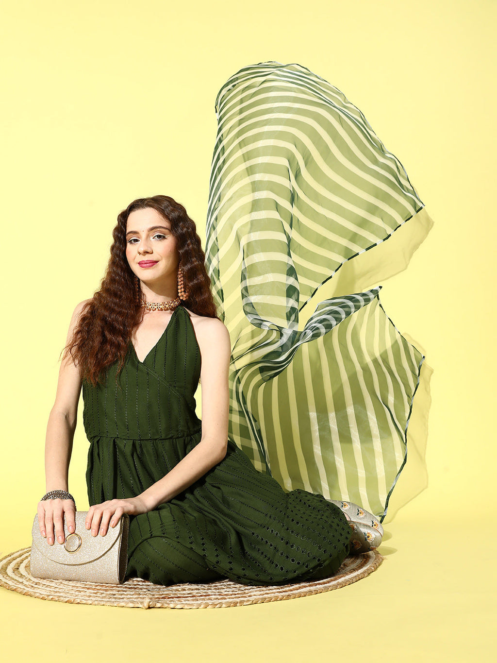 InWeave Women's Green Lace Work Backless Kurta Sharara Set With Lehariya Dupatta