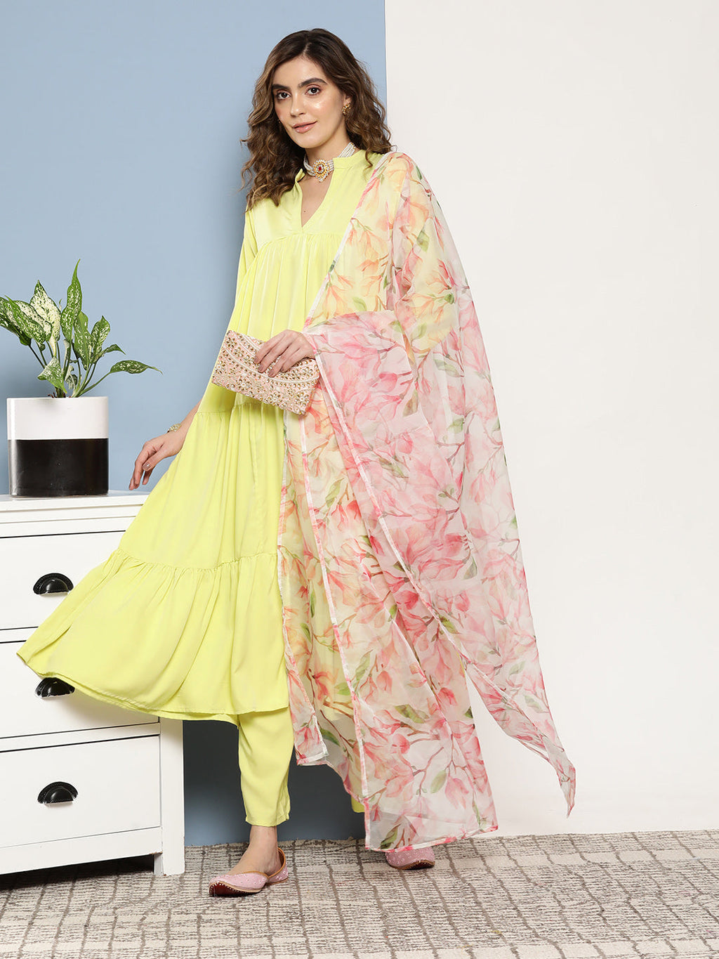 InWeave Women's Lime Green Tiered Anarkali Kurta Set